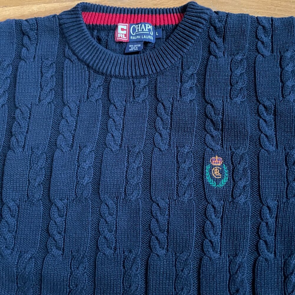 Vtg Chaps Ralph Lauren Sweater Mens L Blue Cable Knit Embroidered Crest Logo - Picture 6 of 11